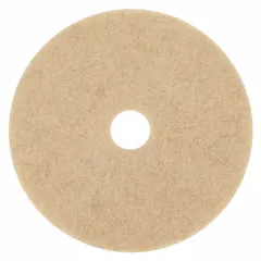 Round burnishing pad with 20-inch diameter, made from a natural/polyester fiber blend. Rated for maximum speed of 3,000 RPM. Supplied in a 5-pack. Used with floor burnishing machines to restore gloss on hard floor surfaces.