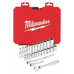 This 28-piece metric socket set includes 1/4 in drive tools and standard 6-point sockets ranging from 5 mm to 15 mm. The set features a friction retention mechanism for secure socket attachment. Suitable for tightening and loosening metric fasteners in general mechanical and assembly tasks.