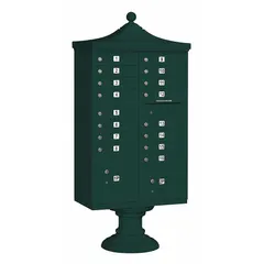 This horizontal multi-unit mailbox features 18 lockable front-access doors and is designed for pedestal mounting. With dimensions of 71 3/4 inches high by 31 inches wide by 18 1/2 inches deep, it provides secure mail and parcel distribution for multi-tenant residential or commercial settings.