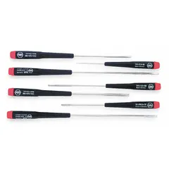 This 7-piece precision screwdriver set includes Phillips and slotted tip types with an ergonomic grip for comfortable handling. Suitable for delicate assembly and repair work on electronics, small appliances, and precision instruments where fine torque control is required.