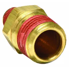 Threaded high-pressure pipe fitting with sealant, featuring 3/4 in x 1/2 in male NPT threaded connections on both ends. Maximum operating pressure of 1,000 psi. Used in hydraulic, pneumatic, and industrial piping systems for connecting pipes of different sizes.