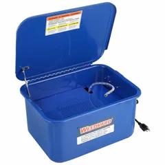 This benchtop parts washer features a steel tank with 3.5 gal fluid capacity and uses a flush cleaning method for water-based solutions. It operates at 120V and is UL Listed. Suitable for cleaning industrial components in maintenance and repair settings.