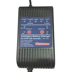 Automatic mounted battery charger for lead-acid, AGM, and gel batteries. Provides 5 A charging current at 24V and 2 A float maintenance current at 24V. Includes 6 ft cable. Suitable for charging and maintaining batteries in vehicles and industrial equipment.