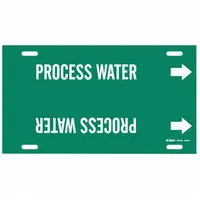 Green pipe marker with white legend reading 'Process Water' for identifying process water lines. Fits pipe outer diameters from 10 to 15 inches. Includes directional arrows to indicate flow direction. Supplied as a single marker
