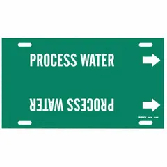 Green pipe marker with white legend reading 'Process Water' for identifying process water lines. Fits pipe outer diameters from 10 to 15 inches. Includes directional arrows to indicate flow direction. Supplied as a single marker.