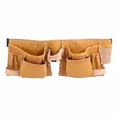 This black, non-padded tool belt has a 50-inch waist size and 12 pockets for organizing tools and fasteners. It is intended for carpentry applications, providing a lightweight option for carrying essential items on the job.