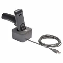 This cordless barcode label scanner features 2D image scanning and wireless connectivity. It includes a charging station with desktop mount and requires no scanner cable. Suitable for general inventory, asset tracking, and point-of-sale applications in industrial, retail, and hospitality settings.