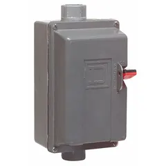 Enclosed non-reversing manual motor starter for starting and stopping single-speed motors. Rated 18 A, 600V AC, 2 poles, NEMA Size M-0. Requires one thermal unit (not included) for overload protection. Suitable for industrial applications such as pumps, fans, and conveyors.