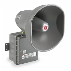 This 1-way horn speaker operates on 120V AC and measures 8 inches wide by 12-1/2 inches high. It is suitable for outdoor signaling applications such as industrial plants, warehouses, and public safety systems, delivering audible alerts in harsh environments.