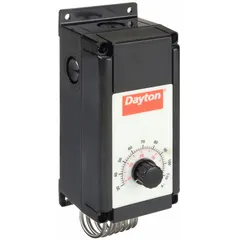 This weatherproof two-stage control is designed for heating or cooling applications. It features a plastic enclosure and a hydraulic air coil sensor. The control operates with two SPDT switches that open or close on temperature rise, rated for 120 to 277V AC. It has a temperature range of 30° to 110°F with a 3°F differential.