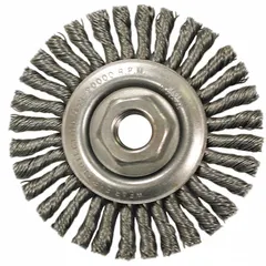 This weld-cleaning brush from WEILER is designed for removing slag and spatter from carbon steel welds. It features a 4" diameter, 3/16" width, 5/8"-11 threaded arbor, and 0.02" fill wire. Suitable for use with standard angle grinders in industrial fabrication and metalworking applications.