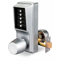 Mechanical keyless access lockset with push-button code entry. Chrome finish. No key override. Suitable for interior doors in facilities requiring simple, code-only access control without batteries or wiring