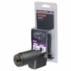 This adapter converts a 6-way round trailer connector to a 4-way flat connector. Made of plastic with an overall length of 2 3/4 inches, it enables compatibility between towing vehicles and trailers with different wiring systems without rewiring.