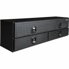 This topside box features a single flip-up door with T-handle compression latch and a keyed lock for securing tools and equipment in a truck bed. The matte black finish resists corrosion. Drawers provide organized storage for smaller items. Suitable for contractors and service vehicles requiring accessible, lockable storage.