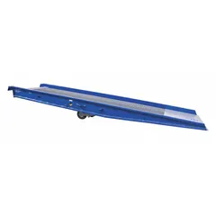 Yard ramp with 96 in overall width and 8 in side rail height. Raised diamond treadplate surface provides traction for forklifts and pallet jacks. Used for loading and unloading trucks or containers where a permanent dock is not available.