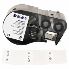 Precut label roll cartridge containing 200 self-extinguishing vinyl labels in white matte finish, measuring 1 1/4 in x 1 in. Designed for use with the M410 printer series. Suitable for marking cables, pipes, and equipment where flame resistance is required.