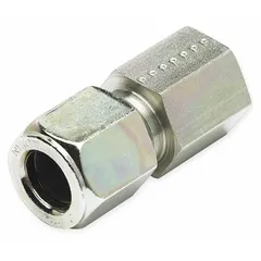 Flareless bite-type steel compression fitting adapter from the Ferulok series. Connects 1/2 in OD tubing to 1/2 in pipe size systems with a 1/2-14 thread size. Suitable for industrial fluid handling applications requiring a secure metal-to-metal seal.
