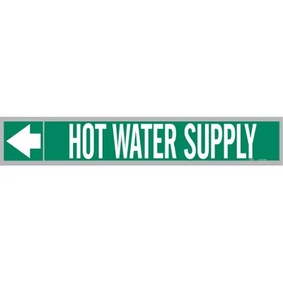 BRADY Pipe Marker: Hot Water Supply, Green, White, Fits 1 1/2 to 2 in Pipe O.D. - Hot Water Supply Adhesive Pipe Markers