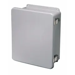 Fiberglass submersible enclosure measuring 12 x 12 x 6 inches. Features a hinged solid cover with padlock hasp closure. Rated NEMA 1/12/3R/4X/6P for outdoor, washdown, and submersible applications. Knockouts not included.