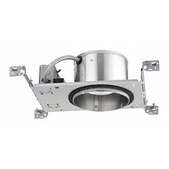 New construction recessed LED downlight housing for flat ceilings. 6-inch diameter, 900 lumens, 4000K color temperature, 11.8 W, dimmable, 120-277V AC. Trim and reflector/baffle sold separately.