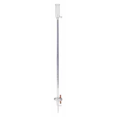 This Class B glass buret has a 50 mL capacity with 0.1 mL increments and an accuracy of ±0.10 mL. Made from borosilicate glass, it measures 754 mm in length. Suitable for volumetric analysis in laboratory settings, including titration procedures.