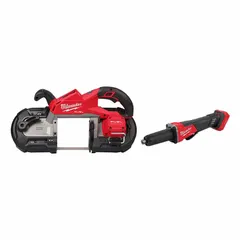 This combo kit includes a die grinder and a portable band saw, both powered by the MILWAUKEE 18 V platform. The band saw is suited for cutting metal pipe, conduit, and rebar, while the die grinder handles grinding, deburring, and surface preparation. Tool only; batteries and charger sold separately.