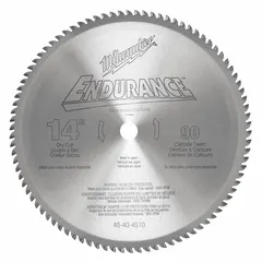This 14-inch carbide circular saw blade is designed for cutting ferrous metals such as steel. With 90 teeth, a 0.09-inch cut width, and a 1-inch arbor, it is suited for straight cuts on sheet metal, pipe, and structural steel in metal fabrication and construction applications.