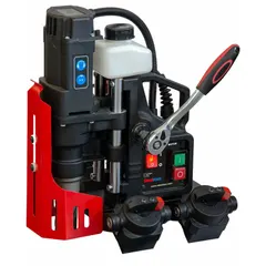 Permanent magnet drill press designed for curved and convex metal surfaces. Features a drill travel of 2 3/4 inches and operates on 115V AC. Suitable for structural steel, pipe, and tank fabrication where standard magnetic drills cannot secure.