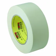 Tan crepe paper masking tape with rubber adhesive, 5.9 mil thick, 2 13/16 in wide by 60 3/16 yd long. Designed for indoor use on PTFE surfaces. Suitable for painting, powder coating, and light-duty bundling applications.