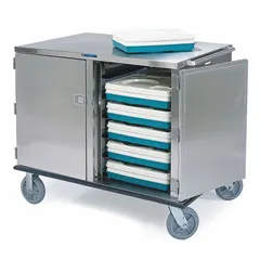 This LAKESIDE meal delivery cart is constructed of stainless steel with a silver finish and features two doors. It is a non-pass-through model with an overall height of 51 inches and includes two swivel casters with brakes. NSF certified, it is suitable for transporting meals in institutional food service settings.