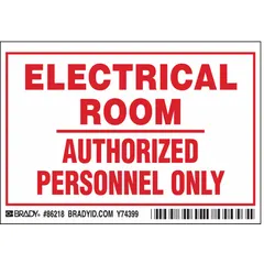 Polyester adhesive signs for restricting access to electrical rooms. Each sign measures 3 1/2 x 5 in with 0.01 in thickness. Non-retroreflective, non-glowing. Suitable for indoor use on clean, dry surfaces to indicate authorized personnel only.