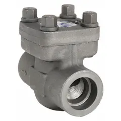 This forged steel inline piston check valve features a socket x socket female connection with a 1 1/2 in pipe size. It is designed for inline installation to prevent backflow in piping systems handling water, oil, or gas.