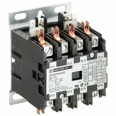 Three-phase, 4-pole non-reversing definite purpose contactor with 4 normally open main poles. Rated 40 A, 600V AC maximum, with 110/120V AC coil. Box lug terminals. Suitable for switching loads such as compressors, condenser fans, and other three-phase equipment in HVACR systems.