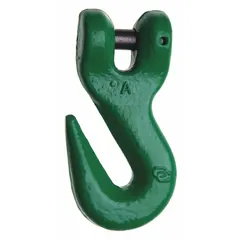 This narrow-opening grab hook is constructed from alloy steel with a grade 100 rating. It has a usable length of 3 3/4 inches and a working load limit of 15,000 lb. Designed for lifting applications, it is commonly used in rigging and material handling to attach chains to loads for overhead lifting in industrial and construction settings.