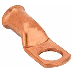This copper side terminal lug accepts 1/0 gauge wire and is designed for crimp or solder termination. It features a straight shape with a 1/2 inch stud size and no raised pads. Suitable for creating secure connections in electrical panels, switchgear, and machinery.