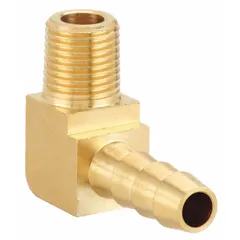 This brass rigid barbed hose fitting connects a 1/4 in hose to a 1/8 in NPT male thread. It is suitable for air, water, and chemical applications in industrial fluid-handling systems. The no-knurl nipple grip provides secure hose retention.