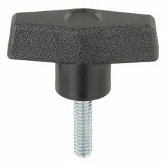 T-handle knob with threaded stud for manual clamping, positioning, and adjustment on industrial machinery, jigs, and fixtures. Plastic handle with steel thread insert provides a comfortable grip and durable fastening. Thread size: 1/4"-20, thread length: 1 in.