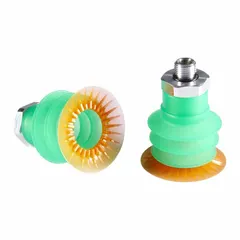 Multi-bellows vacuum pad assembly with 3.5 folds, G1/4 in vacuum port, and 54.5 mm pad diameter. Constructed from food-safe materials for handling products in automated pick-and-place systems. Suitable for gripping irregular or delicate surfaces in packaging and material handling applications.