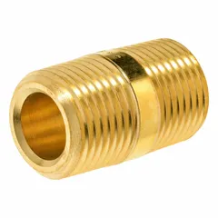 Brass pipe nipple with Schedule 40 wall thickness, threaded male NPT on both ends. Includes PTFE thread sealant for leak-resistant joints. Rated for 125 psi maximum operating pressure at 72°F and 755 psi steam pressure at 300°F. Used to connect two female threaded fittings in piping systems.