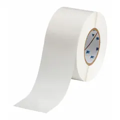 Continuous label roll of clear gloss polyester for indoor use. Measures 3 inches by 300 feet. Compatible with THT 3-inch core printers. Suitable for industrial identification and marking applications.