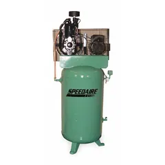 Vertical, 80-gallon tank, 2-stage pressure lubricated stationary electric air compressor. Delivers 23.1 cfm at 175 psi. Operates on 208V AC power. Includes oil sight glass for level monitoring. Suitable for powering pneumatic tools and air-operated equipment in industrial settings.