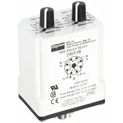 Socket-mounted time delay relay rated for 10 A at 120V AC/DC with 8 pins/terminals. Used in industrial control panels for timing functions such as motor start sequencing, conveyor system timing, and HVAC equipment staging.