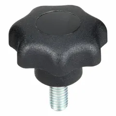 This 7-arm knob with threaded stud is made of plastic with a steel threaded stud. It has a 25 mm diameter, M5 thread, and 10 mm thread length. Suitable for manual adjustment and clamping applications requiring a multi-point grip.