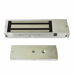 Magnetic lock kit for gate operators, designed for external installation on swing or sliding gates. Includes mounting brackets. Provides secure gate locking when powered.