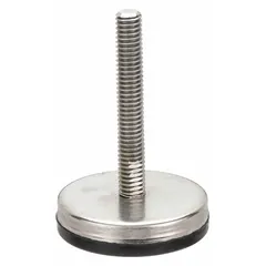 Round base leveling mount with plain finish and rubber thrust pad. Thread size 5/16"-18, load capacity 250 lb. Used for leveling and vibration dampening of industrial equipment, machinery, and workstations.