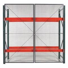 This wire mesh hinged-door kit is designed for use with pallet rack enclosures to provide secure personnel access. Constructed from 10-gauge steel with a powder-coated gray finish, it includes two bi-parting doors. The kit measures 108 inches in height, 1 1/4 inches in depth, and 96 inches in width, suitable for one-bay enclosures.