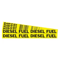 Yellow adhesive pipe markers with black legend reading 'Diesel Fuel' for identifying pipes carrying diesel fuel. Each marker fits pipe outer diameters from 3/4 to 2-3/8 in. Pack includes 4 markers without arrows; sold in a 5-pack. Used in industrial facilities to label pipe contents for safety and maintenance.