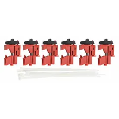 Clamp-on lockout device for circuit breakers rated 120/277V AC. Includes a cable tie slot for securing with standard nylon cable ties. Supplied in a pack of 6.