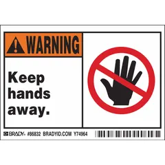 Polyester warning sign with adhesive mounting for application on clean, dry surfaces. Measures 3 1/2 in x 5 in, 0.01 in thick. Not retroreflective or glow-in-the-dark. Sold in a 5-pack. Used to warn against placing hands near machinery or hazardous areas in industrial settings.