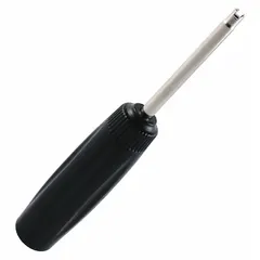 Steel valve core torque tool with pre-set minor torque setting for consistent tightening. Overall length 4 13/16 inches. Used for installing valve cores in tire valves to prevent over-torquing and leaks.